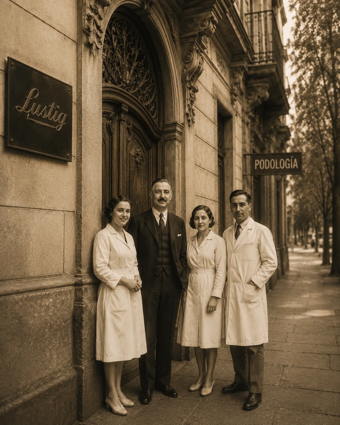 Equipo histórico de Lustig frente a la clínica de podología